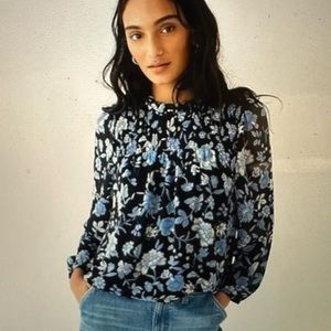 J Crew ruffleneck chiffon blouse in blue floral